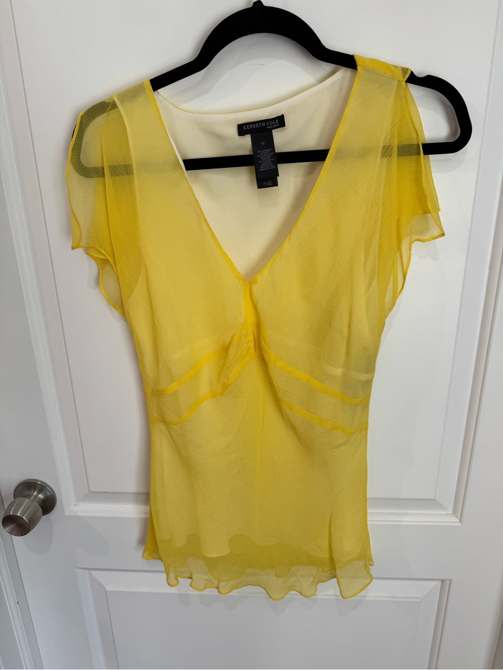 Kenneth Cole Bright Yellow Sheer V-Neck Blouse